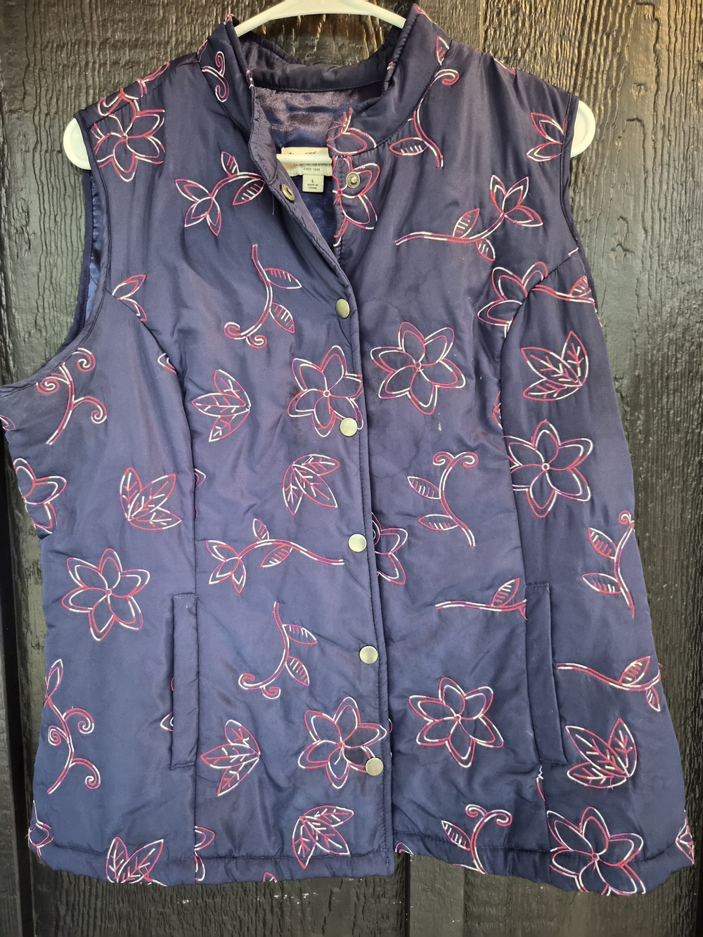 Norm Thompson Navy Quilted Vest with Pink Floral Stitching